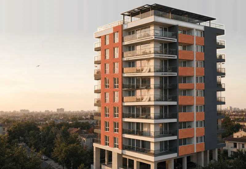 Randare Ilioara Residence — bloc nou cu fațadă cărămizie, parter înalt, 8 etaje și etaj 9 retras, Sector 3 București