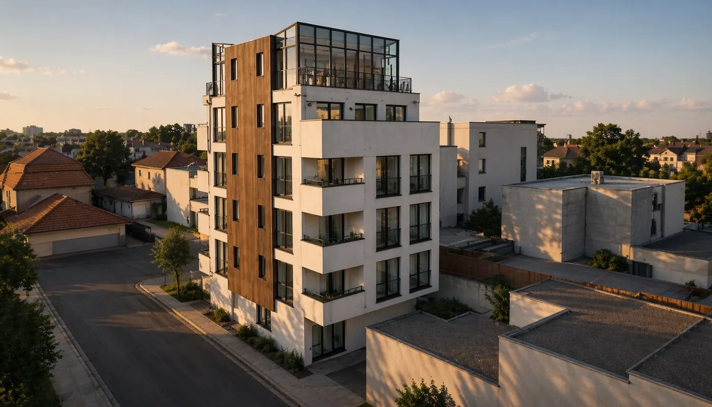 Micro City — منظر بانورامي لمبنى البوتيك، مع الطابق الرابع المتراجع المزجّج