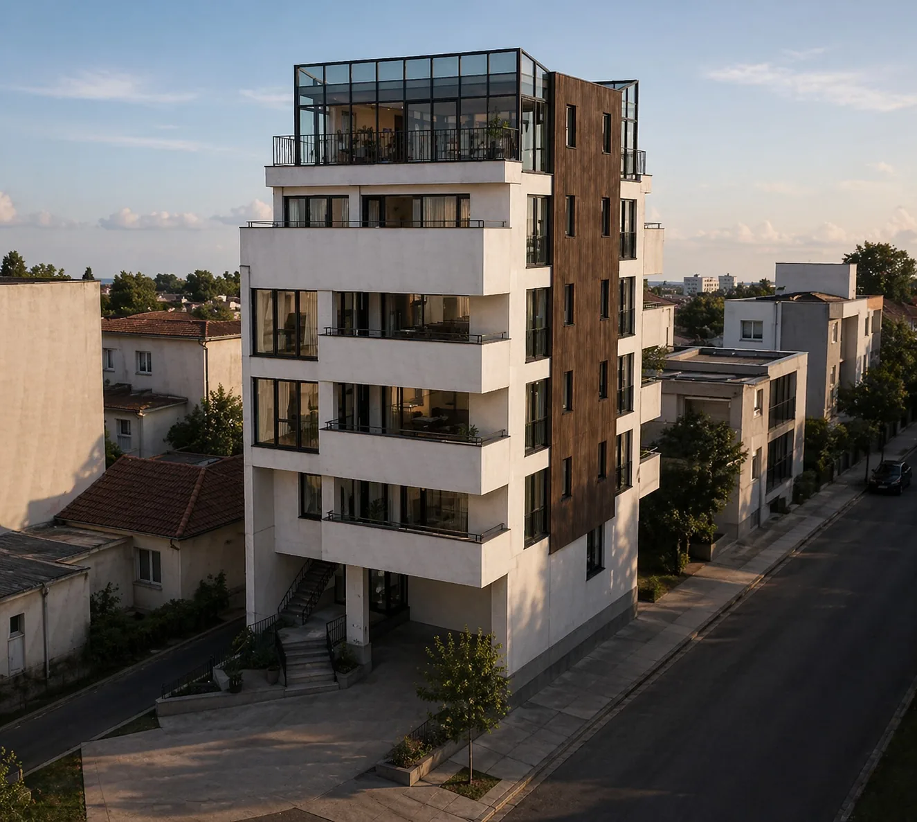 صورة تخيّلية لـ Micro City Boutique Residence — مبنى بوتيك بواجهة بيضاء وشرائح خشبية ونجارة سوداء، شارع Soldat Popa Florea 9، القطاع 3 بوخارست