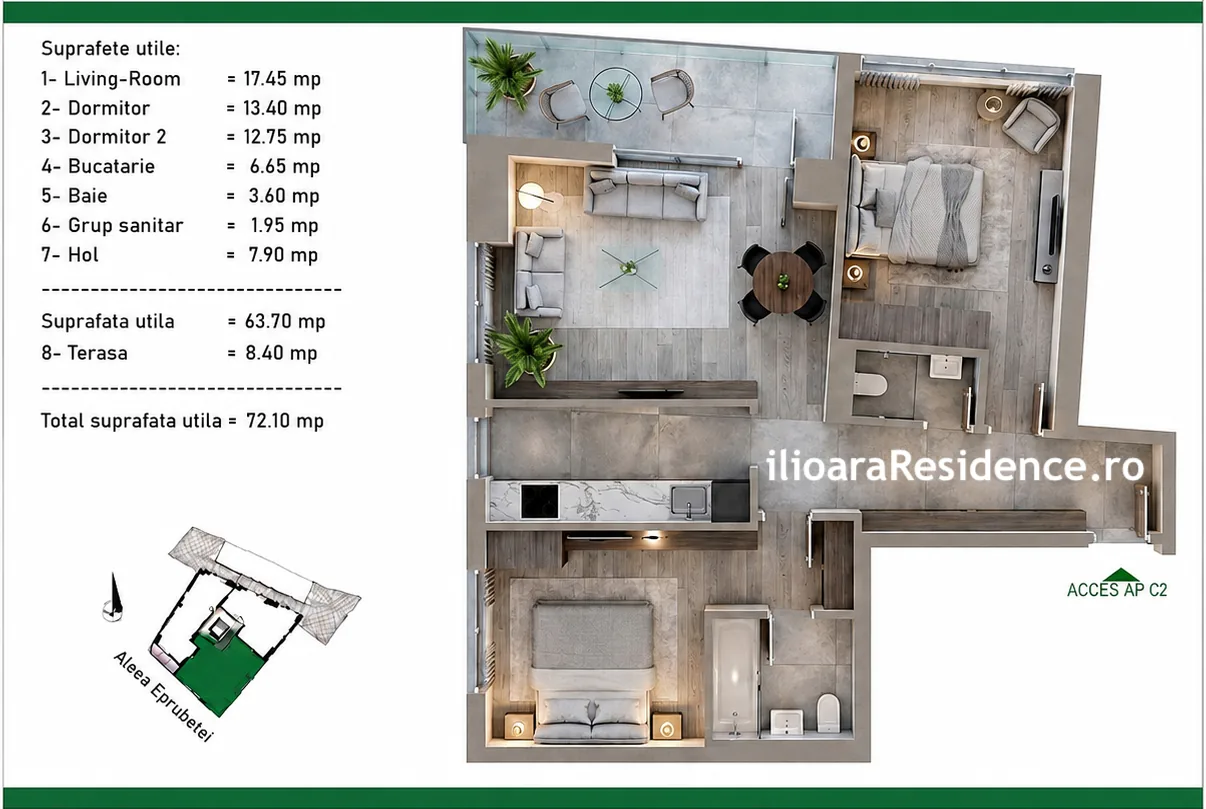 Apartament 3 camere · Parter, ap. 2 — Bucătărie închisă