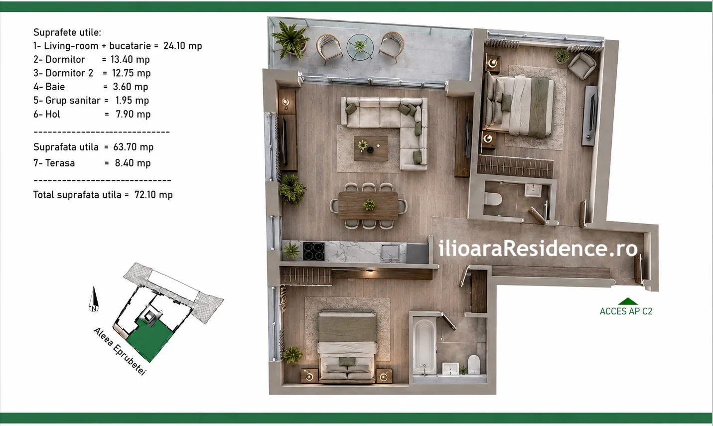 Apartament 3 camere · Parter · ap. 2 — Bucătărie deschisă