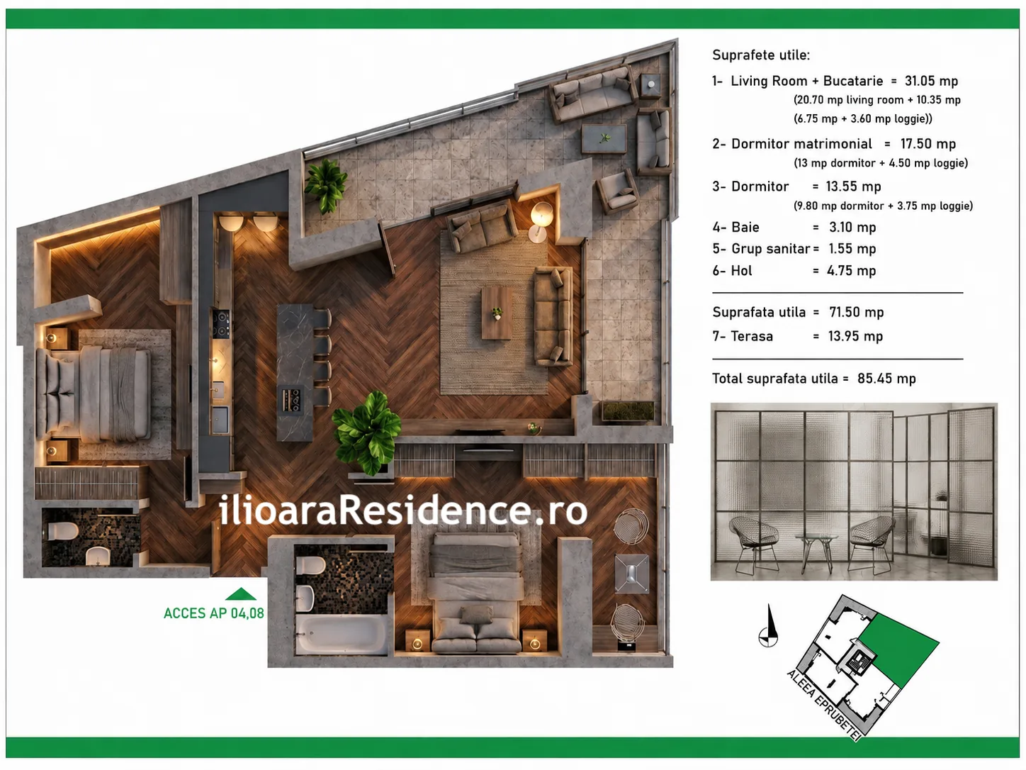 Apartament 3 camere · Etaj 1 · ap. 4 — Bucătărie deschisă