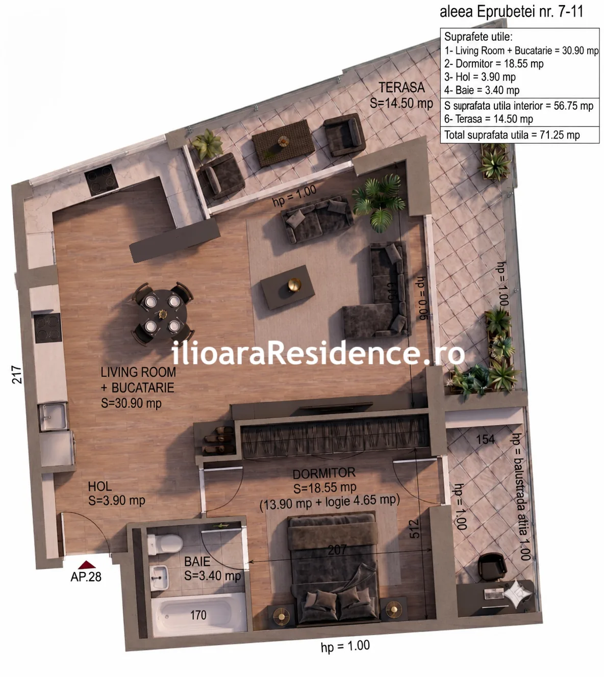 Apartament 2 camere · Etaj 7 · ap. 28 — Bucătărie deschisă
