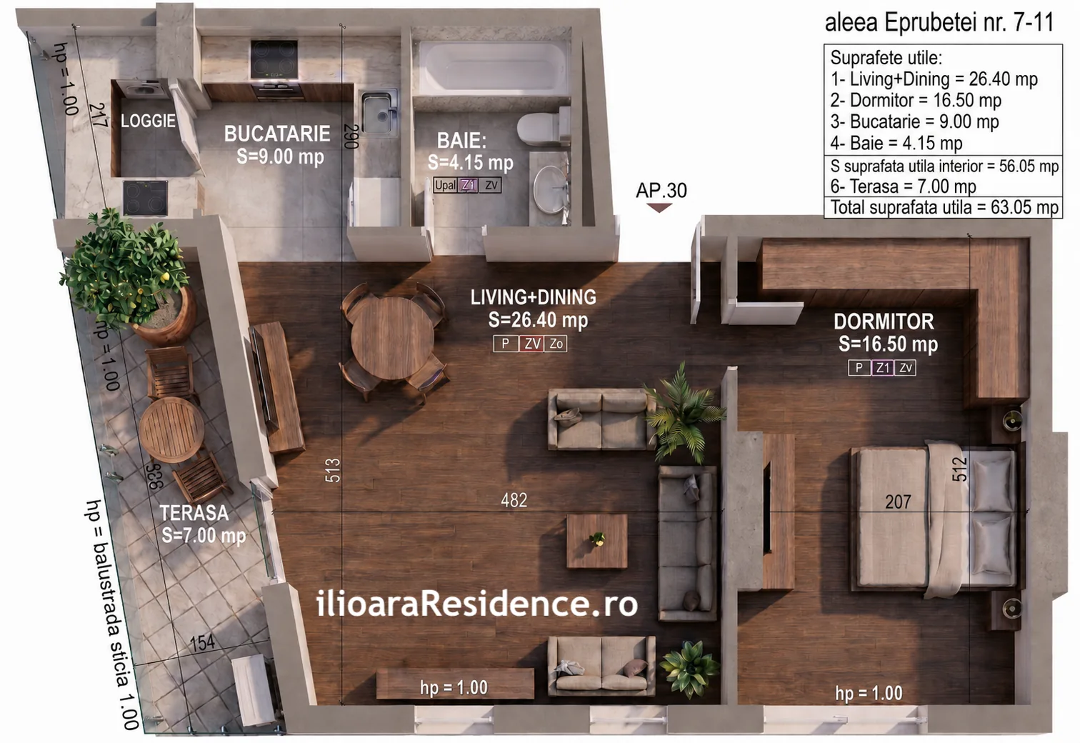 Apartament 2 camere · Etaj 7, ap. 30 — Compartimentare